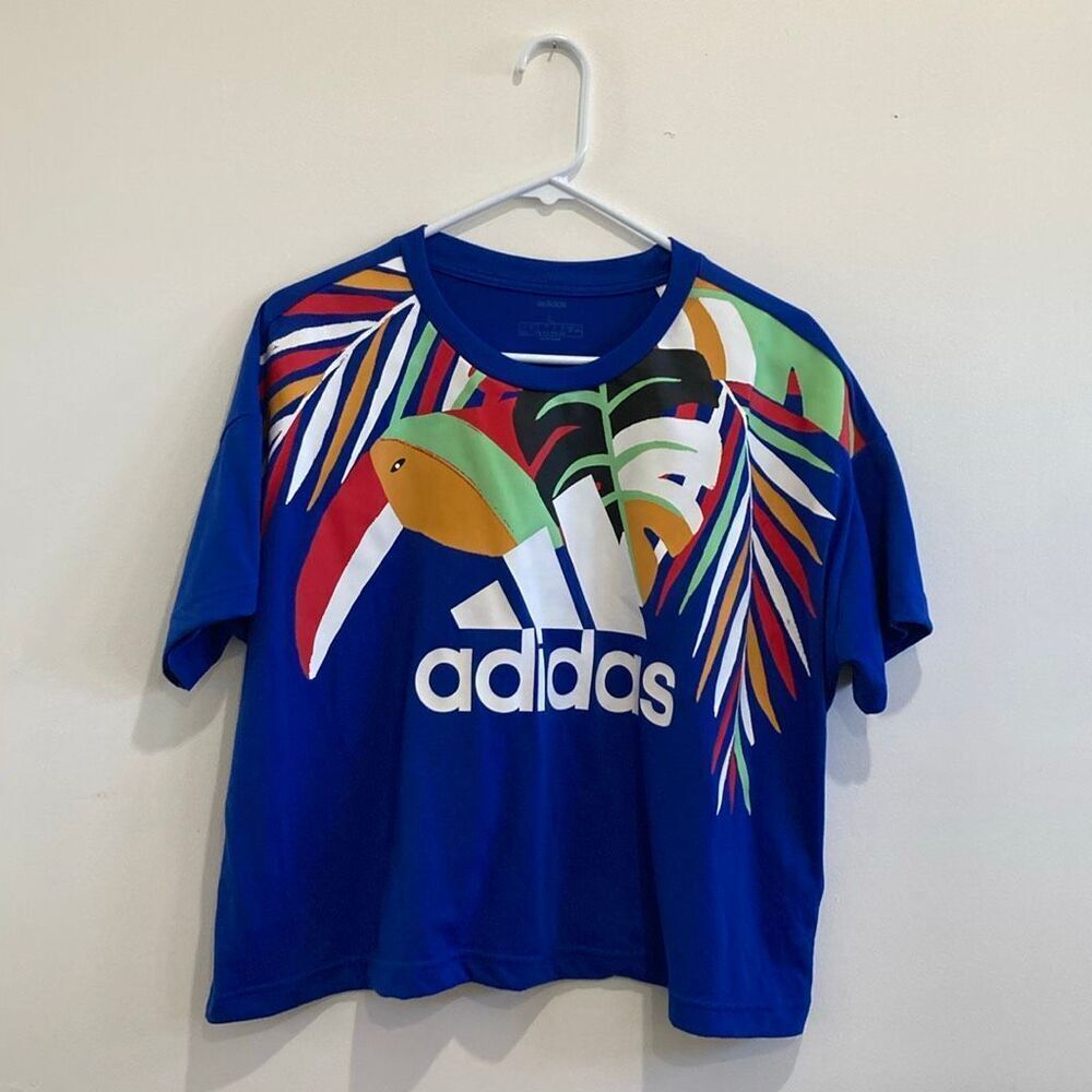Adidas Tropical Toucan Graphic Tee Women's Large Blue Logo T-Shirt
